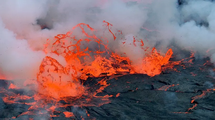 Artistic background of molten material emerging from a volcanic mountain, blurred in smoke and dust