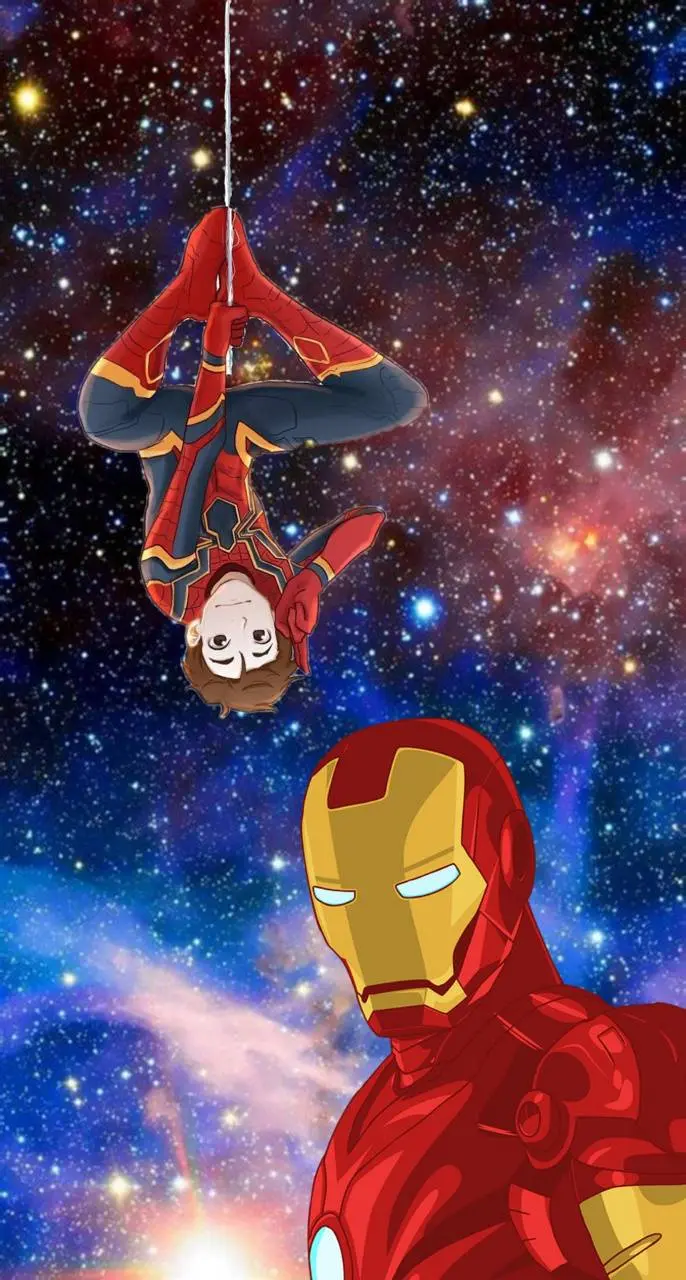 Funny animated photo of Spider-Man behind Iron Man 