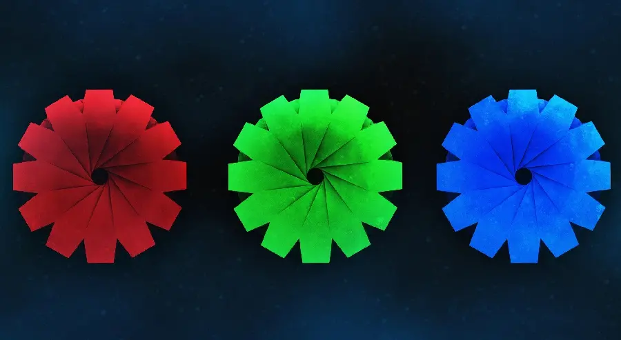 Download cool wallpaper of three paper crafts in blue, green and red