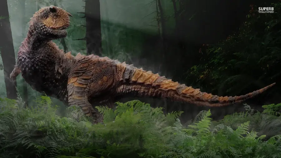 Photo of a super scary dinosaur with a stone skin in a scary forest