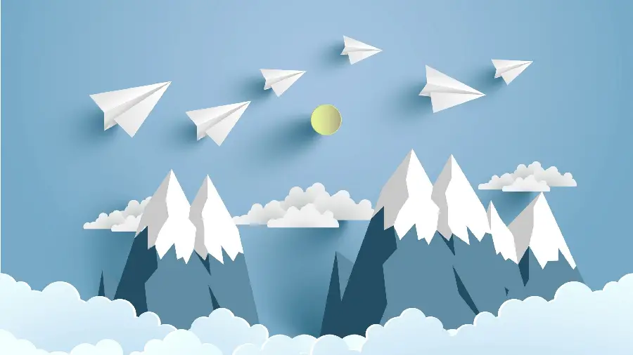 3D digital drawing of paper airplanes with a blue and white halo