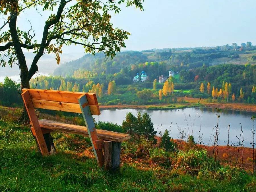 Dreamy and eye-catching poster of a summer view from above next to a wooden bench 2023
