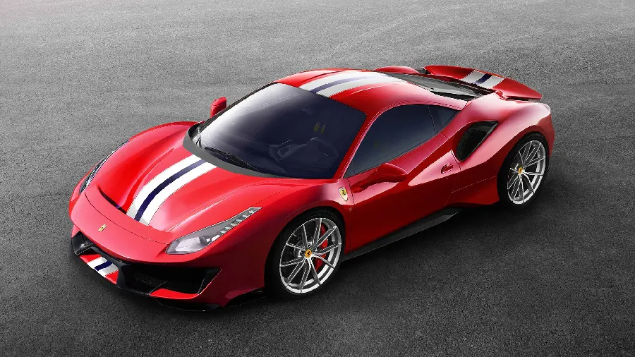 The image of the red Ferrari 488 racing from above with dream quality Full HD