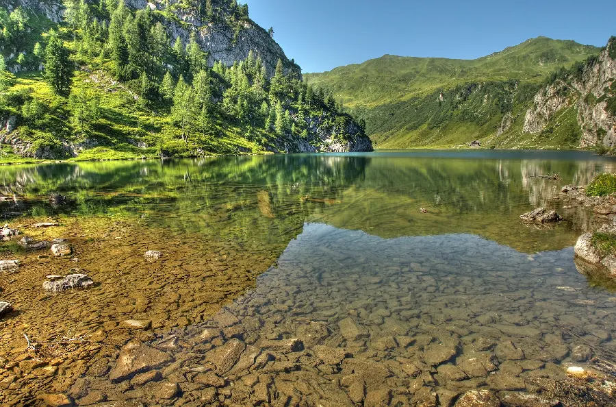 Background of a clear lake in front of mountains covered with fresh trees