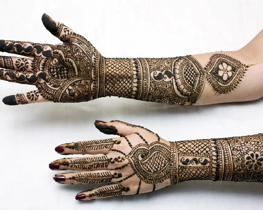 Photo of the new model of henna on the hand with a combined wicker and linear pattern
