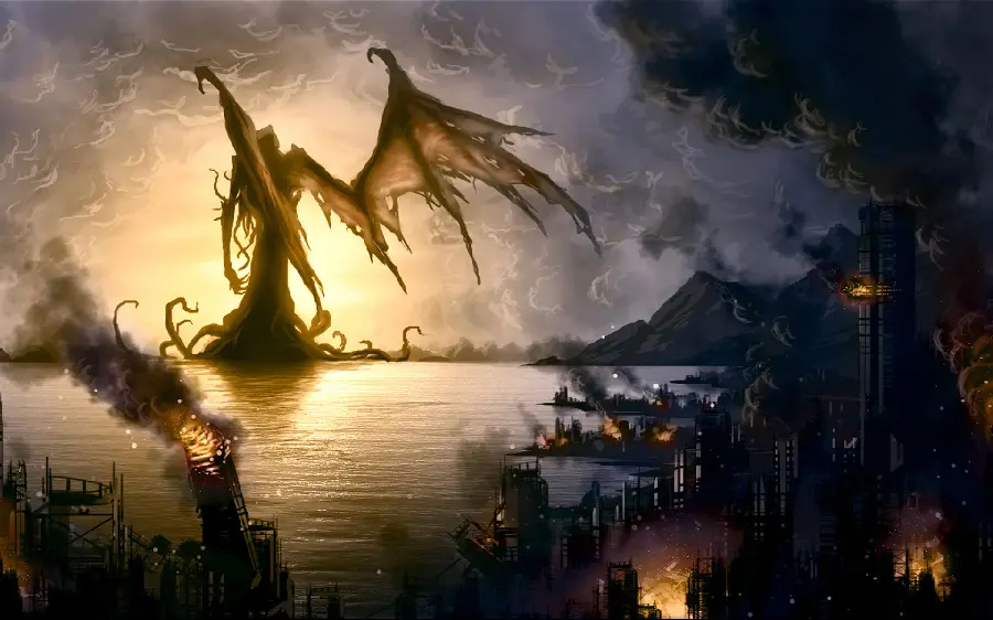 The latest art laptop background of a city destroyed by a dragon on a movie screen