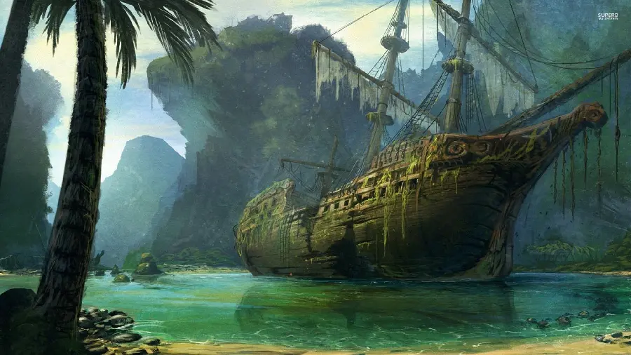 Painting of an old broken and abandoned wooden ship in high quality hd