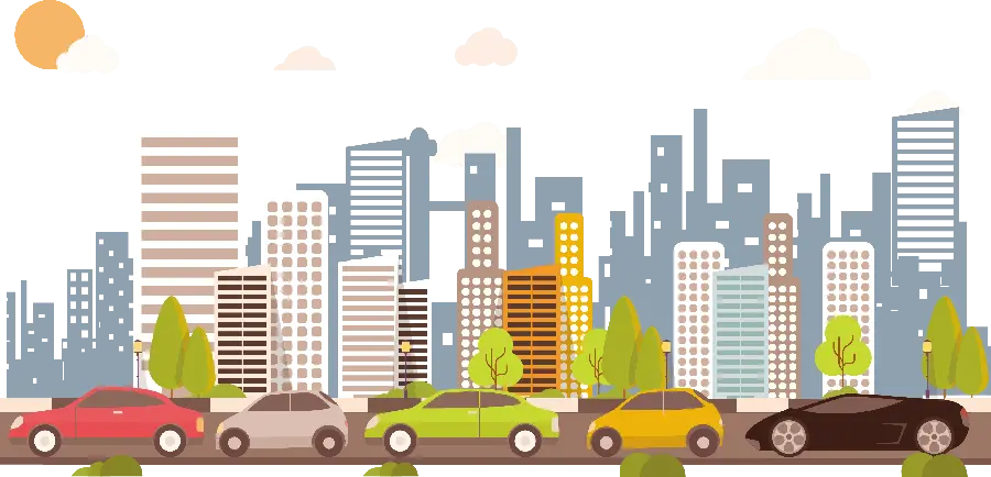 Download PNG image of a big city with parked cars
