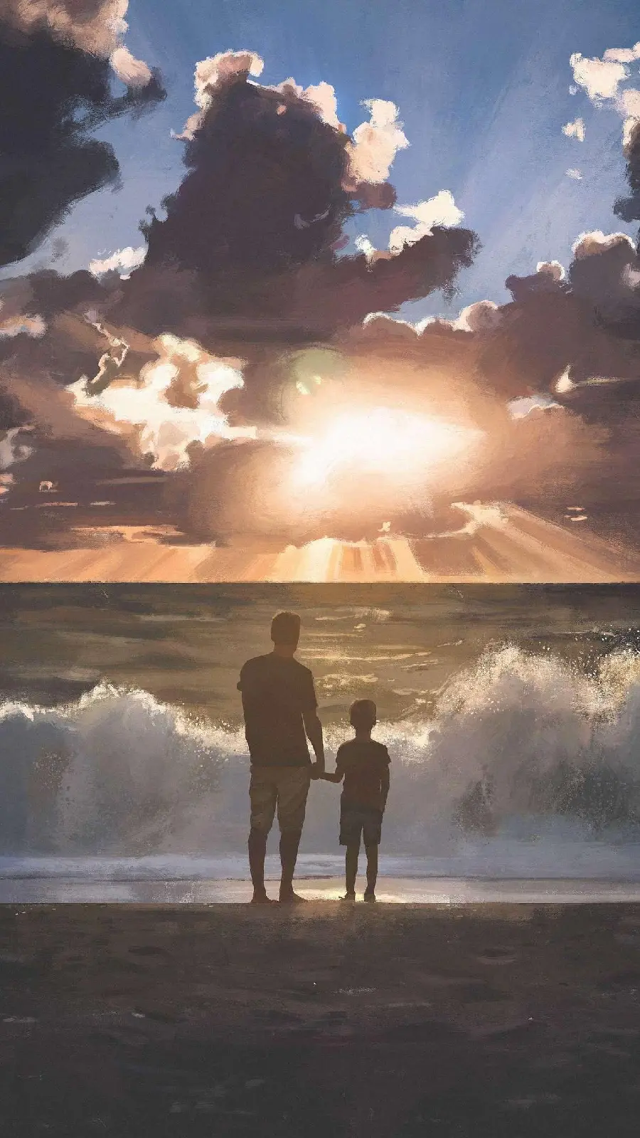 A spectacular photo of a father and son standing on the beach from the back view in HD 