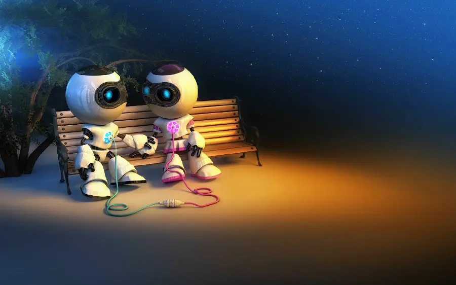 Digital artwork of friendship of two robots on a park bench for graphic designers