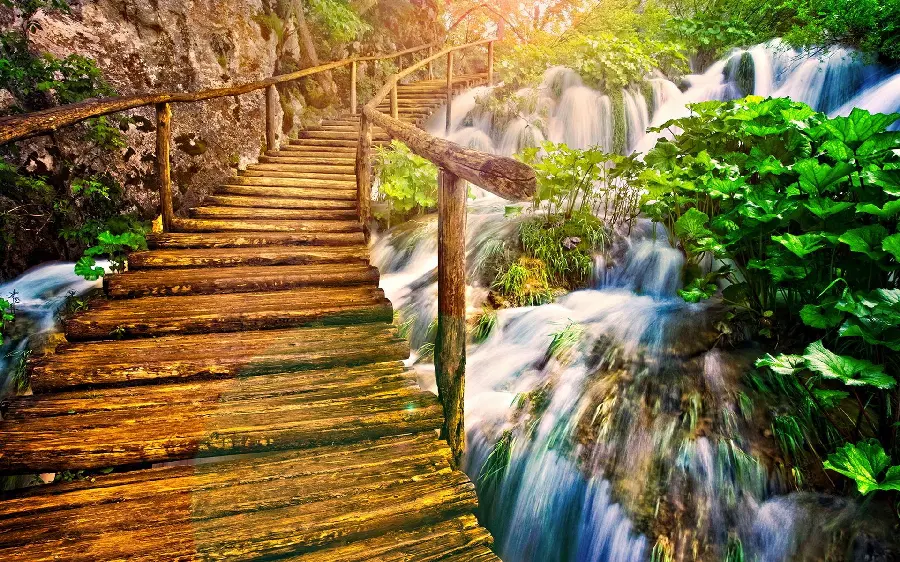 A stylish and delicate picture for the background of a wooden suspension bridge