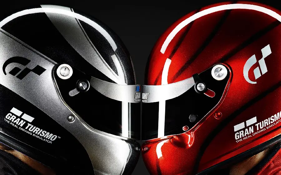 Exciting photo of two bikers with very beautiful red and white helmets