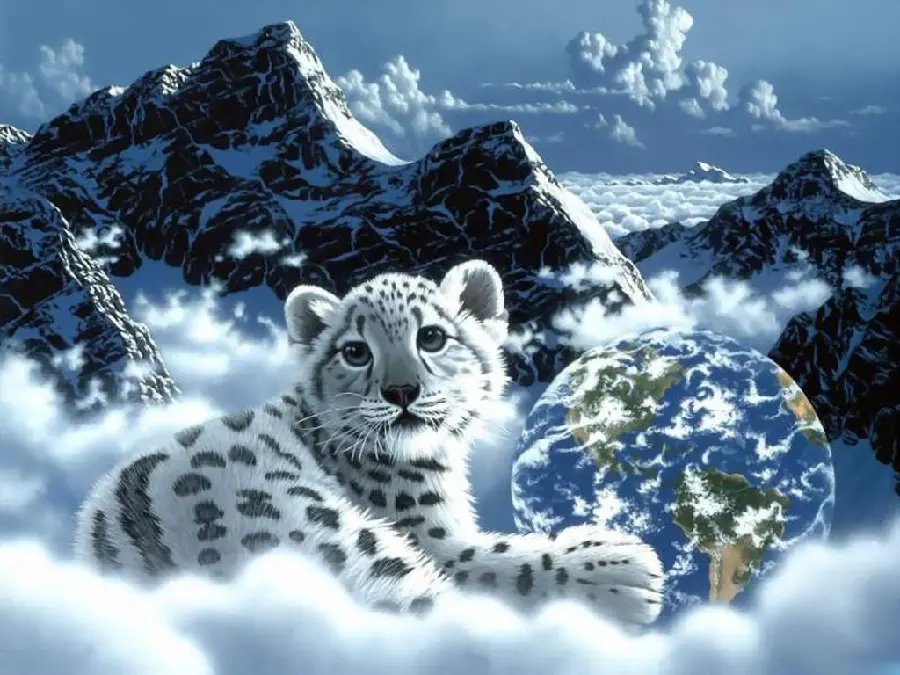 Animated image of a leopard next to the globe among clouds and snowy mountains