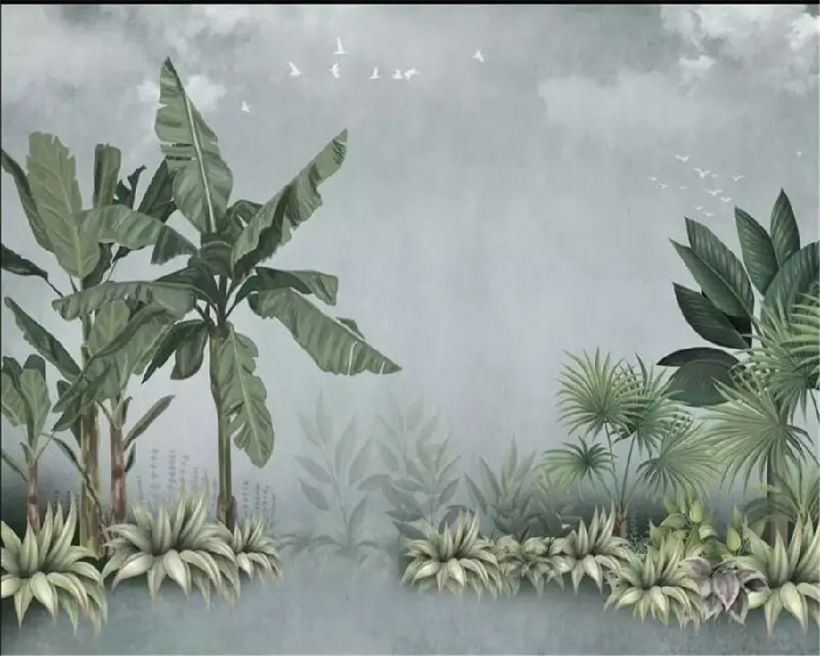 Attractive Wallpaper Artistic Painting of Banana Tree and Sky and Pigeons