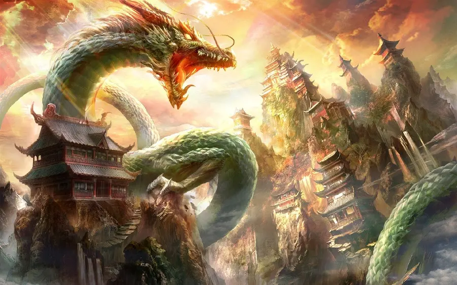 Fantasy photo of a green Japanese dragon around a magnificent palace
