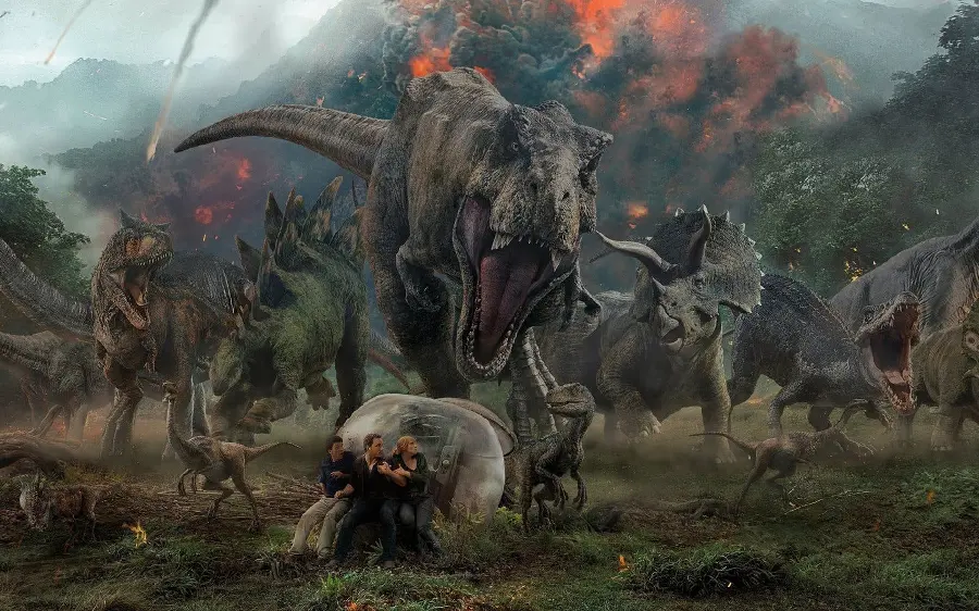 Horrifying view of three humans taking refuge from carnivorous dinosaurs