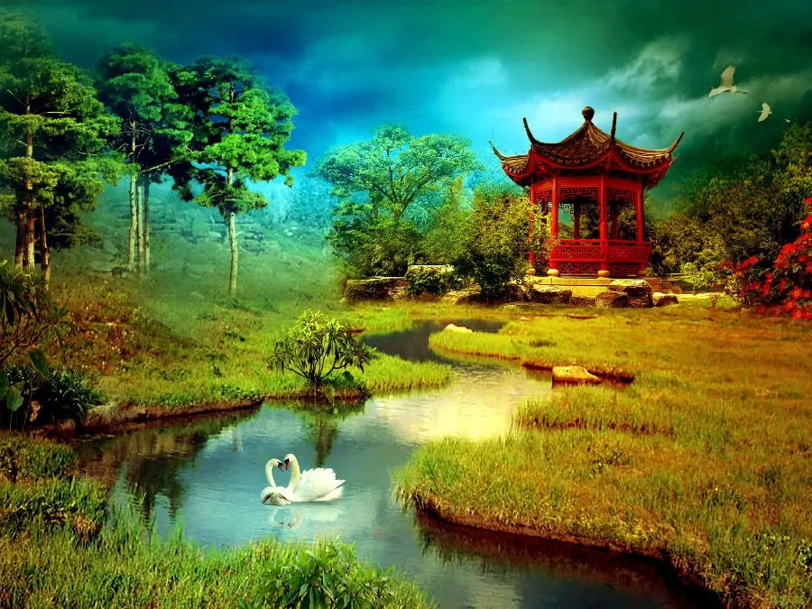 Spectacular HD painting of Japanese nature Zen next to an ancient Buddhist temple