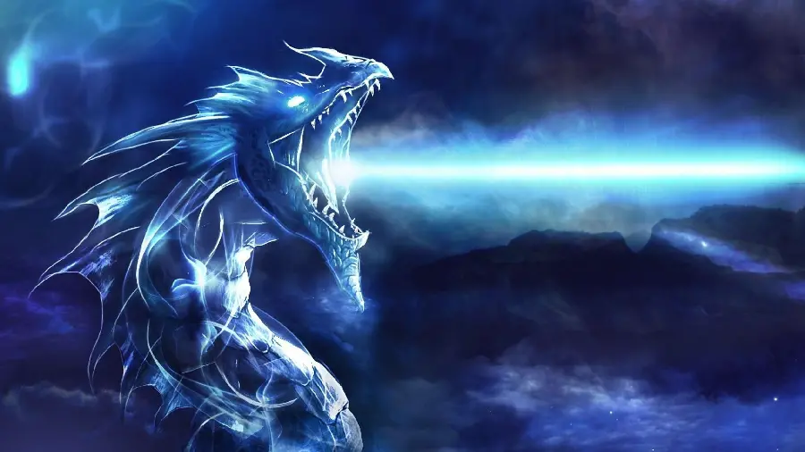 Attractive and spectacular profile photo of a dragon with a blue fire mouth 