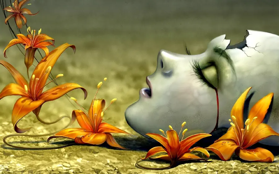 Beautiful computer art fantasy profile photo of a beautiful face of an elf woman with a broken head and tears of blood and beautiful flowers for phones and novel and story sites