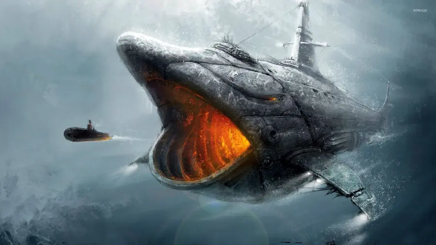  Unique and spectacular background of a submarine accompanied by a large shark
