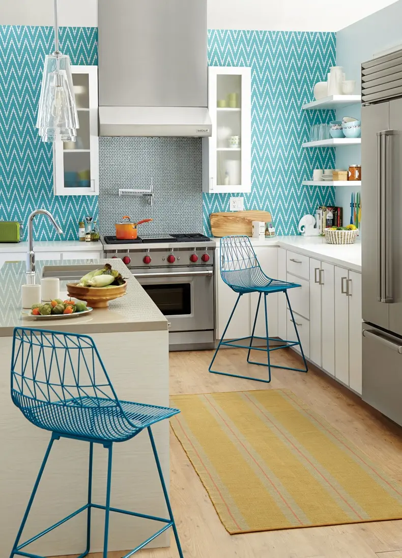  Attractive image of a stylish kitchen with a combination of Sky blue and white 