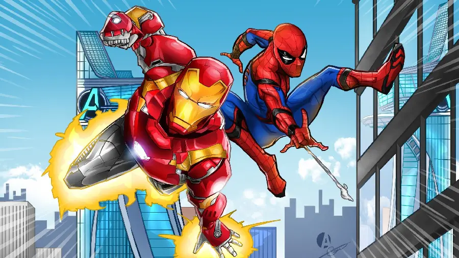 Download cool cartoon image of Spider-Man and Iron Man 