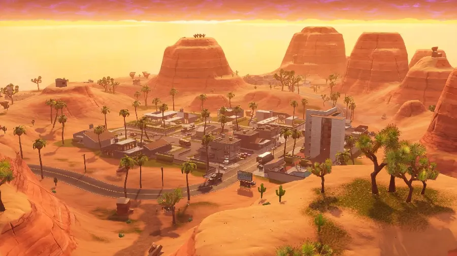 Funny and interesting drawing of a small city built in the middle of the desert with beautiful palm trees
