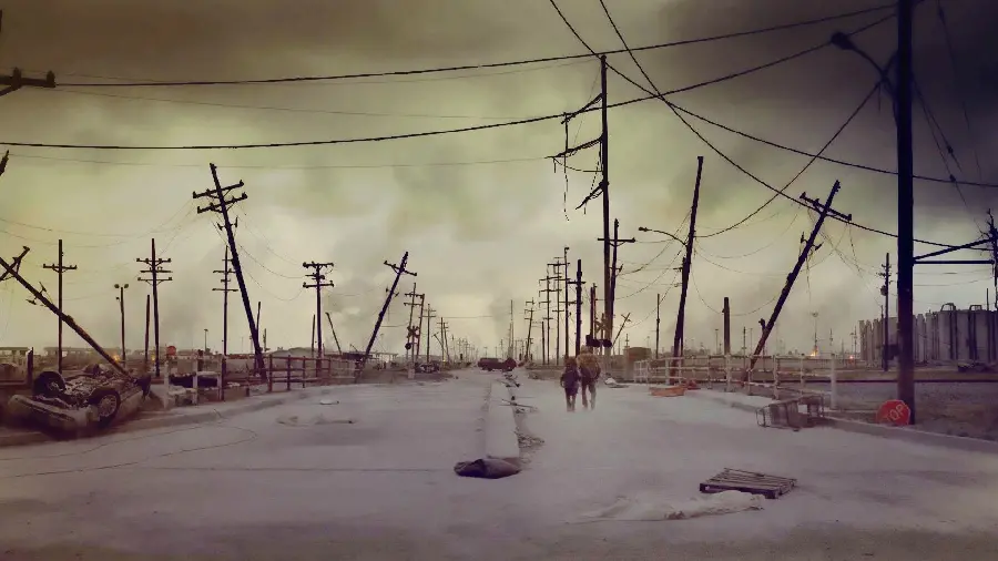 Stock photo of abandoned city in winter and dust storm 