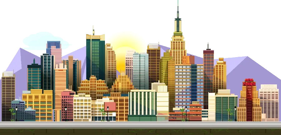 A computer graphic image of a big and densely populated city cut out PNG