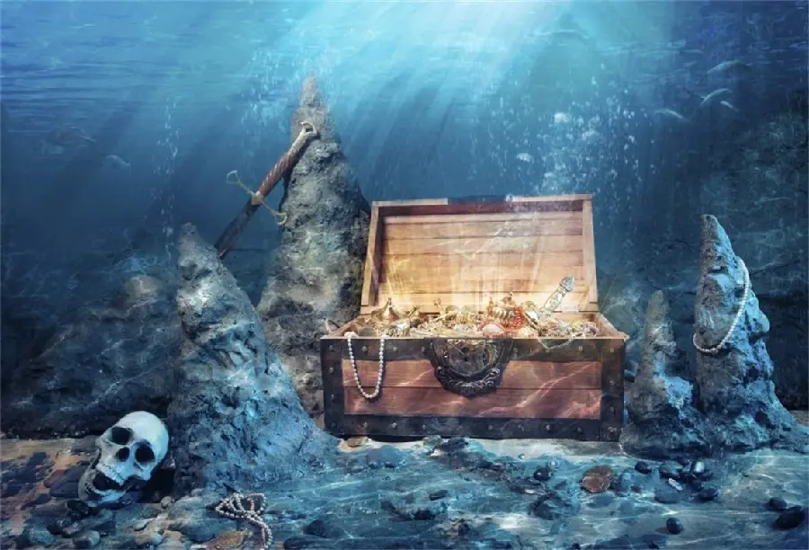 Image of fantasy treasure chest in the deep sea with role-playing characters from the story