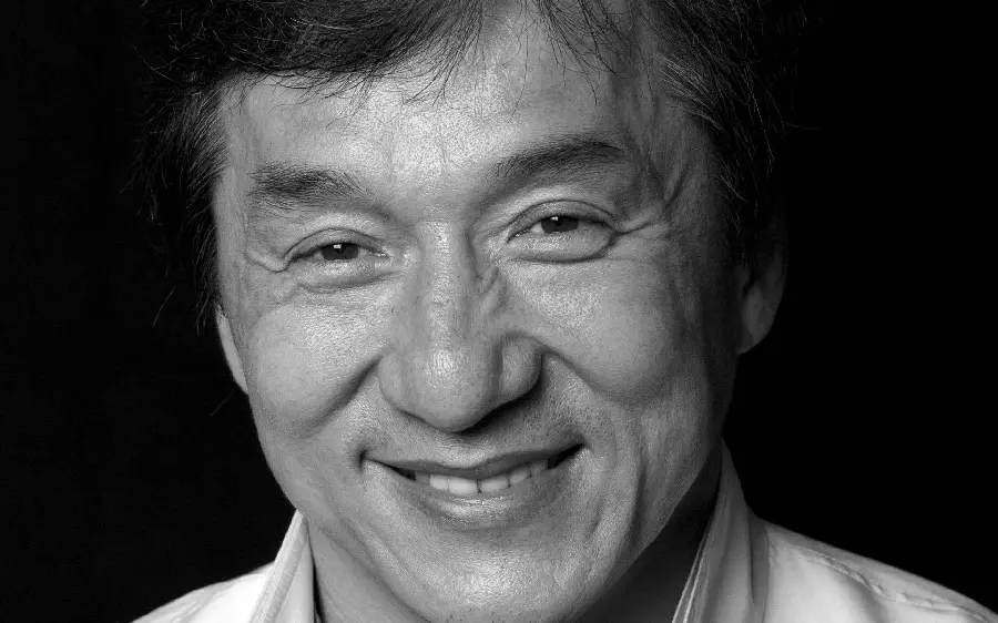 Black and white portrait of Hong Kong actor Jackie Chan