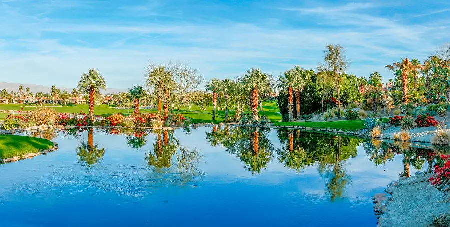 Image of a clear blue lake with a border of flowers and plants and beautiful green palm trees