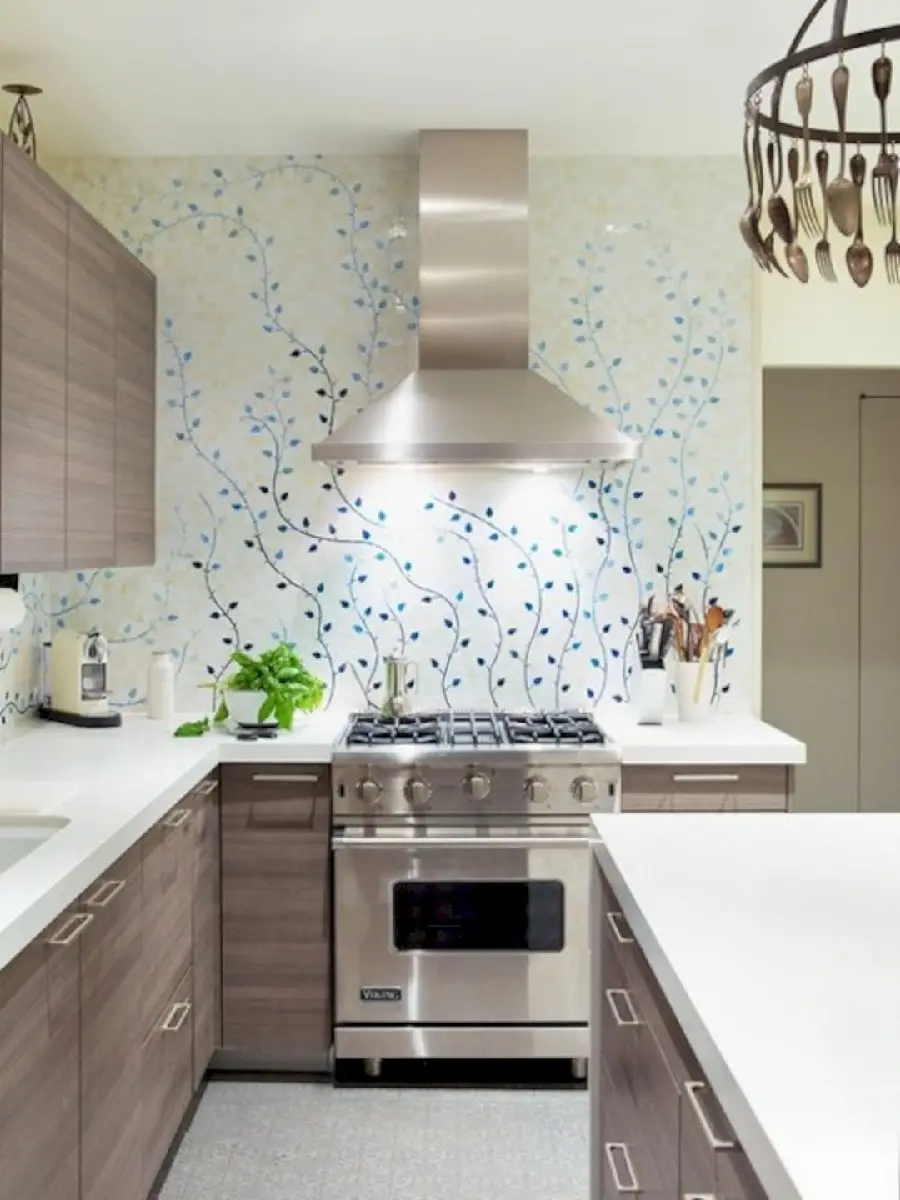 A super stylish background of a modern kitchen with a beautiful poster 