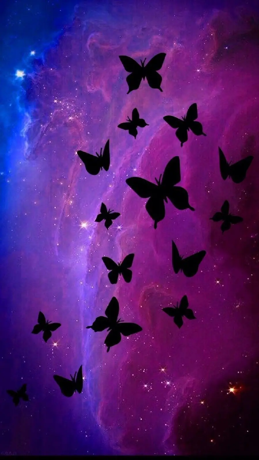 Beautiful and spectacular wallpaper of black butterflies with a galaxy background 