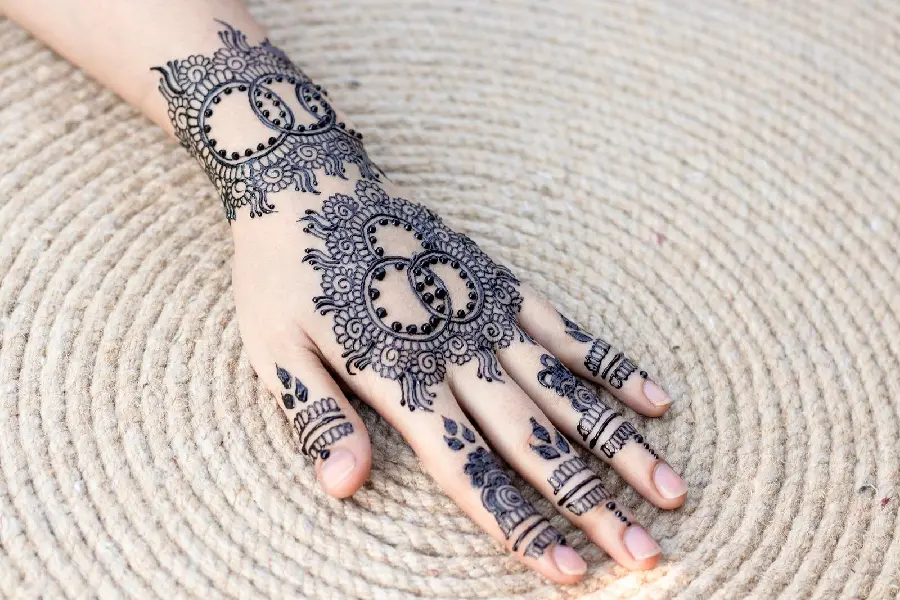 Picture of an attractive henna model on the hand with a geometric decorative pattern similar to a tattoo