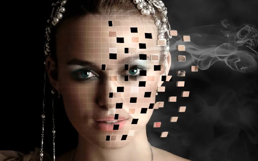 High-quality artistic photo, Photoshop laptop background, female face, digital artwork