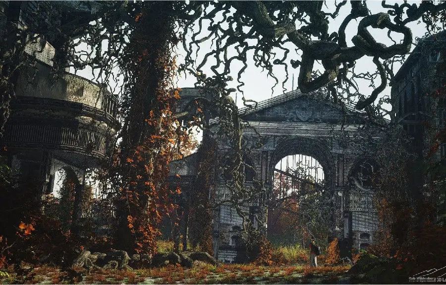 Background of an abandoned forest and an old abandoned church