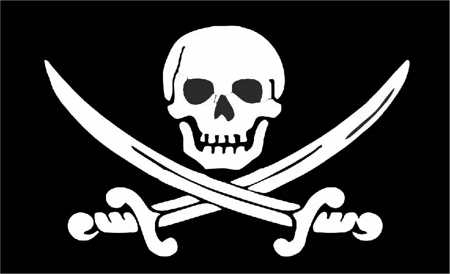 Pirate skull logo with sword in white on black background