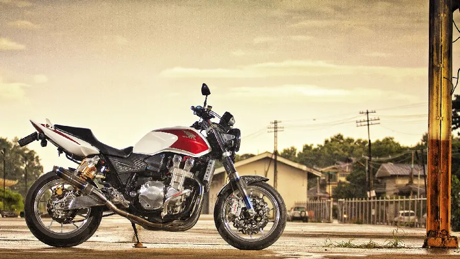 Interesting artistic view of Honda CB1300 engine in beautiful city