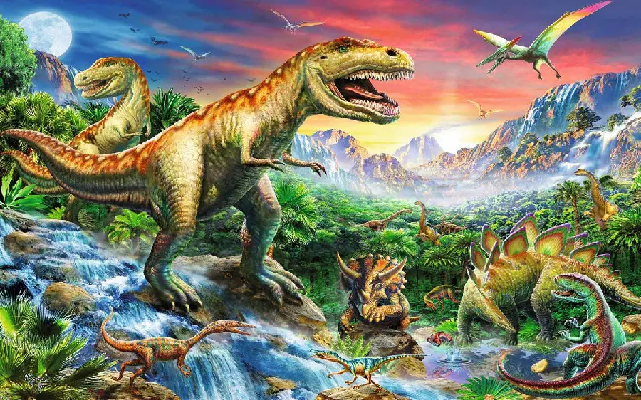 A colorful drawing with a design of various dinosaur breeds throughout history