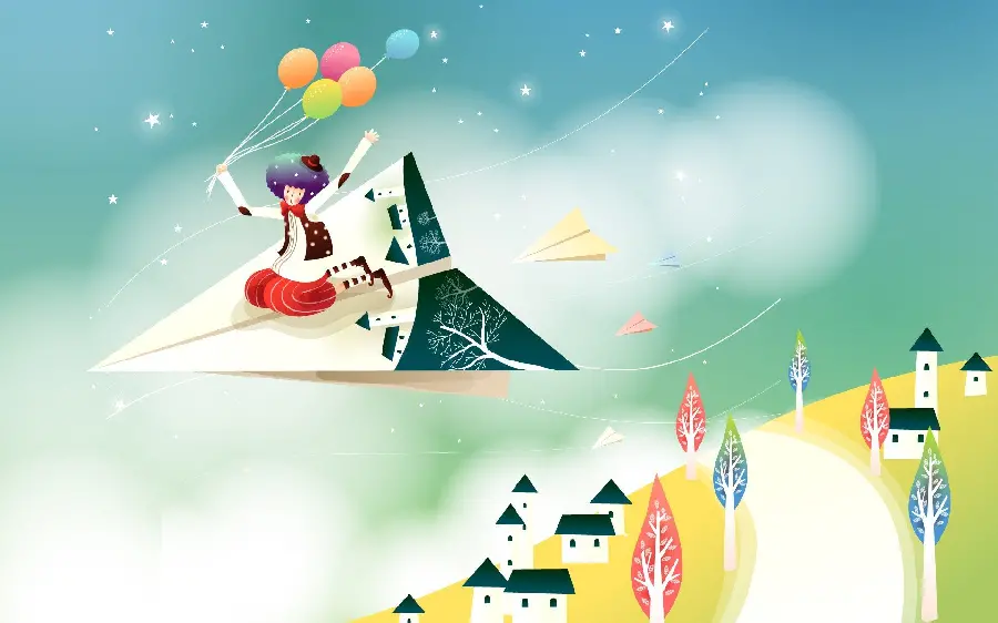 Children's wallpaper of a happy man with a colorful balloon riding a paper rocket