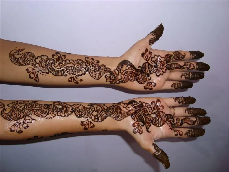 Photo of the new beautiful model of henna on the palm and forearm with a special pattern