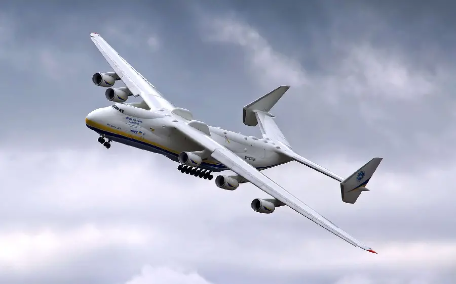 Image of an Antonov Ukrainian cargo plane in the sky