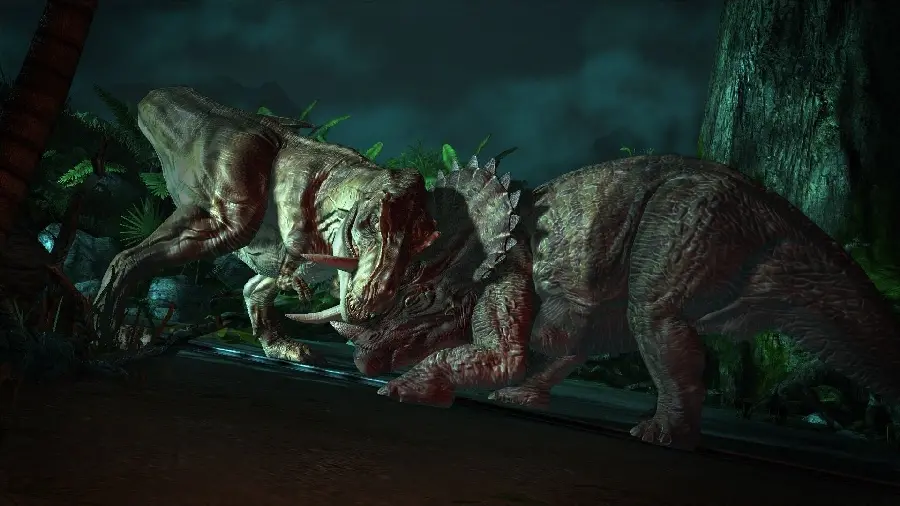 Photo of two ferocious and wild dinosaurs fighting horns in the dark night