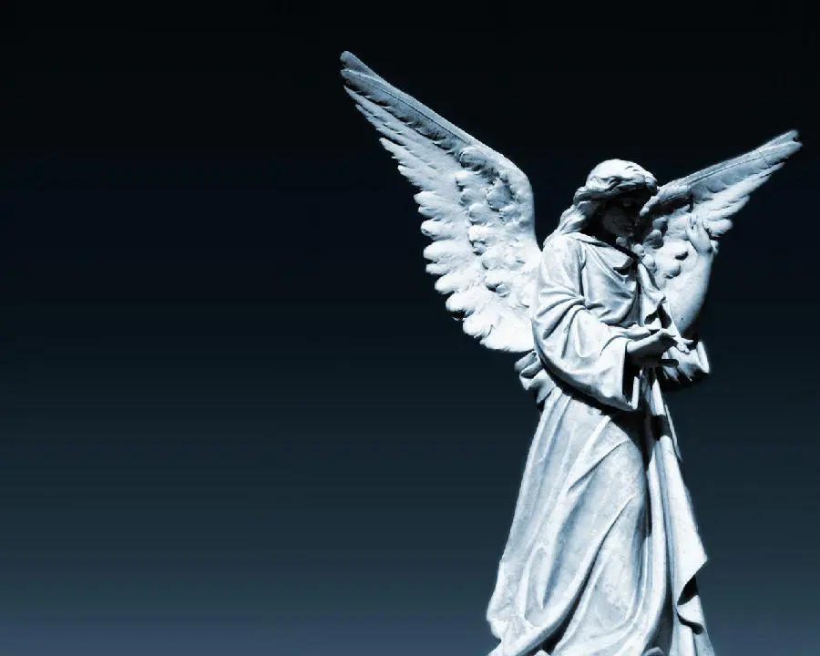Download photo of a real winged angel statue with a black background