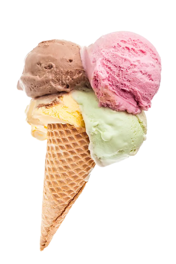 PNG Photo of 4 Scoops of Ice Cream Cone Cantaloupe Banana Chocolate and Strawberry