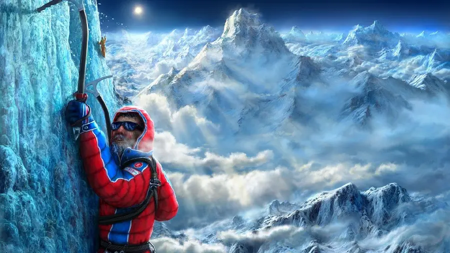 Interesting painting of a rock climber in the snowy mountains of the Himalayas 2023