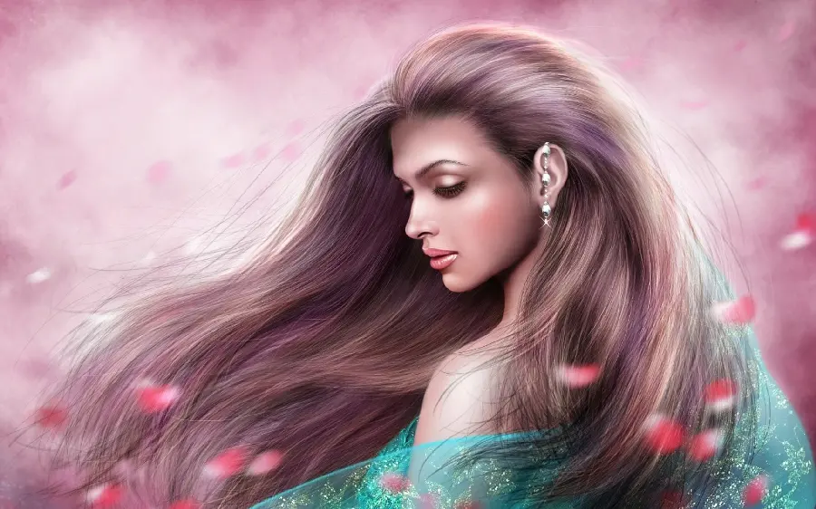 Attractive digital artwork of a woman between petals with a pink background suitable for graphics