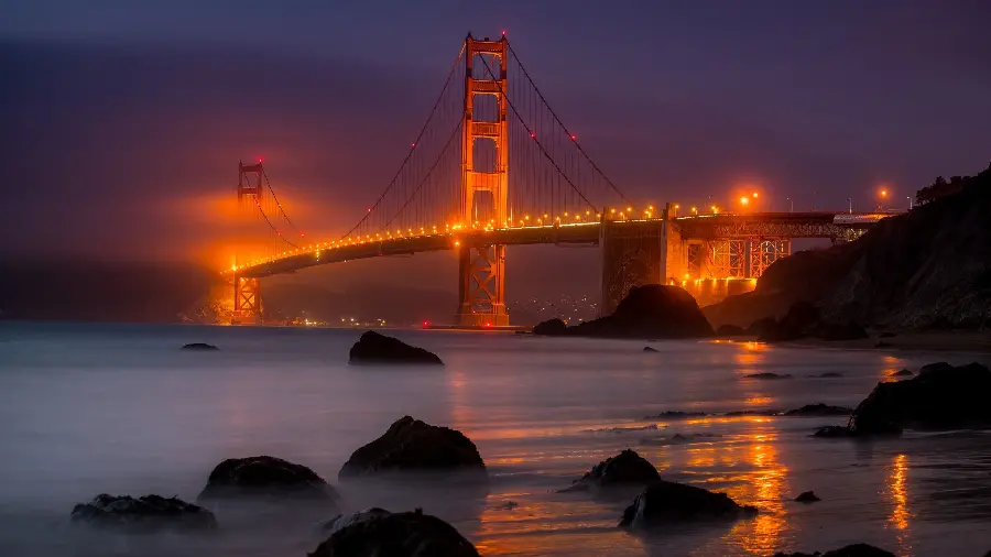 Golden Gate Bridge, San Francisco, California, with red lighting