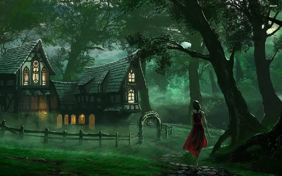 The most striking realism style design of a hut in the middle of the forest at night 
